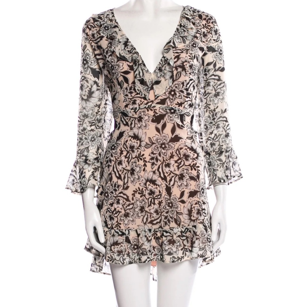 For Love And Lemons Gracie Black Cream Long Sleeve Mini Ruffle Floral Dress Sm